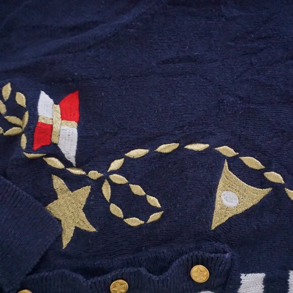 Vintage Alfred Dunner Navy Nautical Flag Stripe Sweater Rope Star Embroidery M - Picture 8 of 9